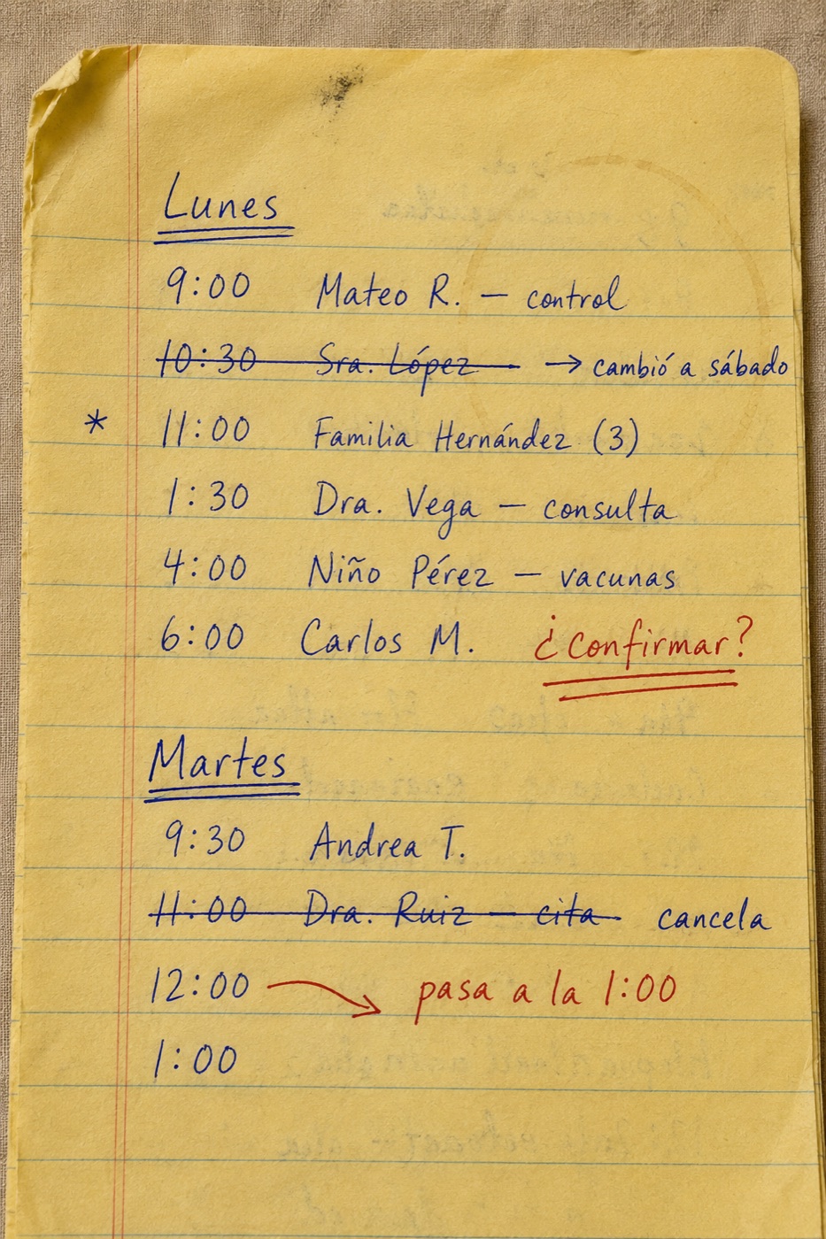 Detalle de la libreta amarilla del consultorio: citas anotadas a mano, algunas líneas tachadas en azul, anotaciones en rojo marcando '¿confirmar?' y 'pasa a la 1:00'.